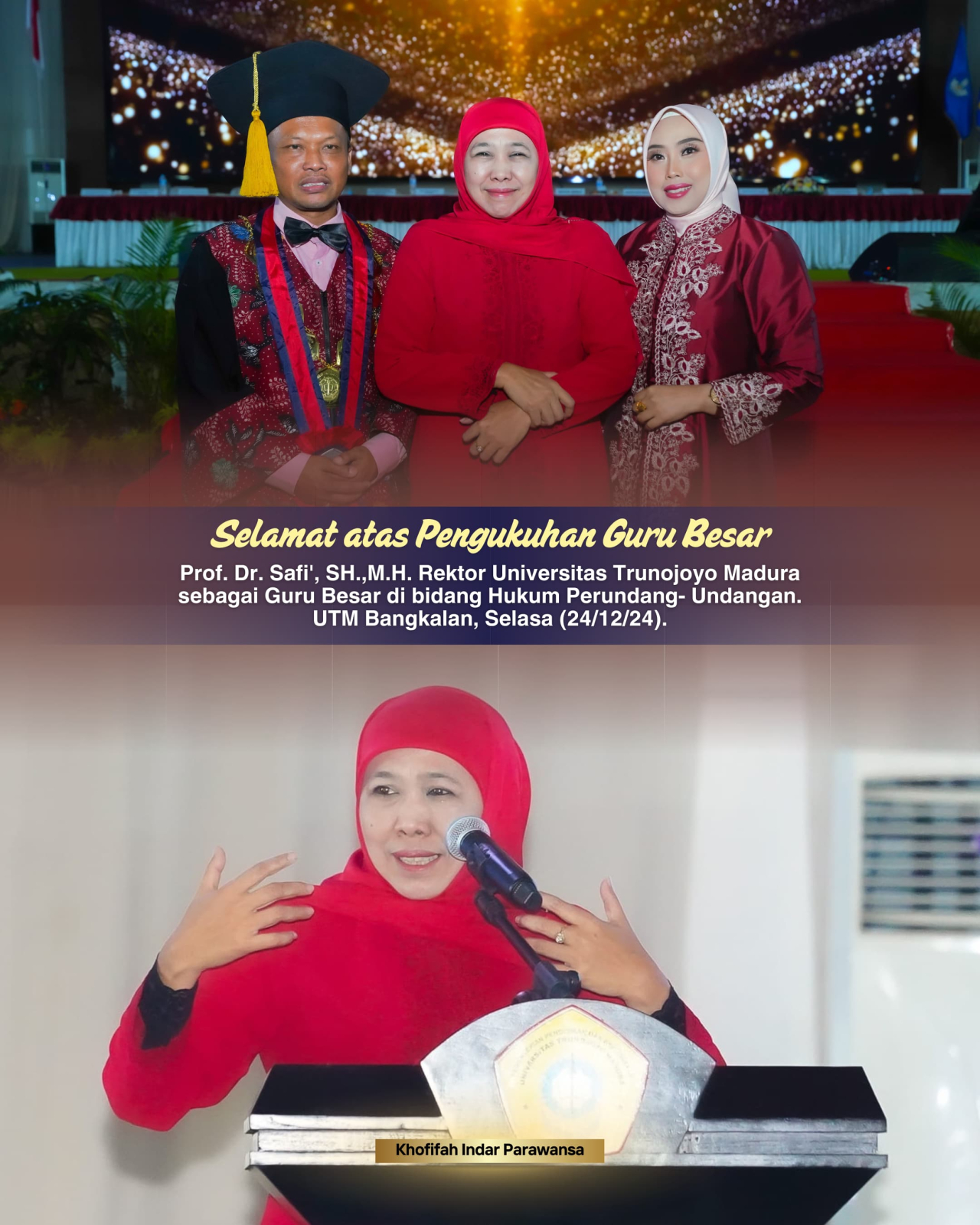 Hadiri Pengukuhan Guru Besar Prof Safi Rektor UTM, Khofifah Ucapkan Selamat dan Apresiasi Pemikiran Strategisnya di Bida