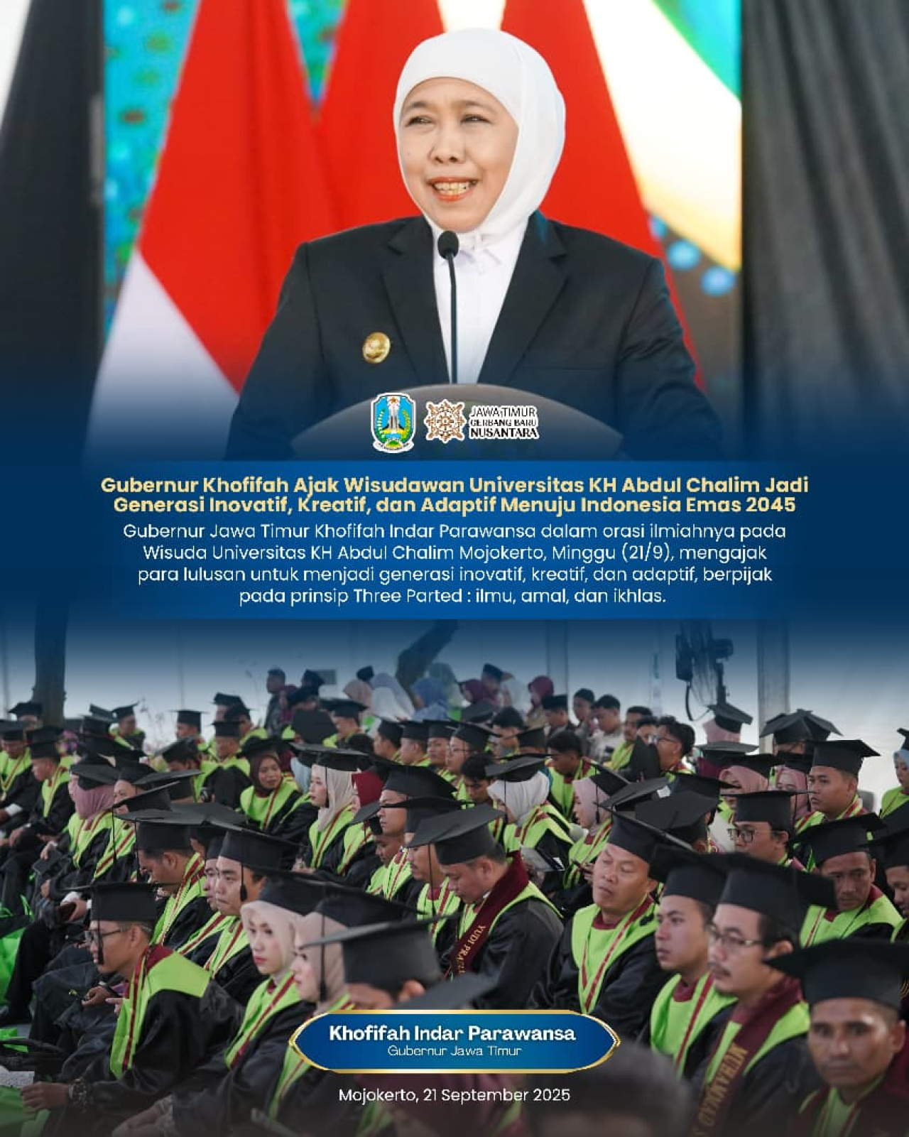 Khofifah Ajak Wisudawan UNACH Jadi Generasi Inovatif Menuju Indonesia Emas 2045