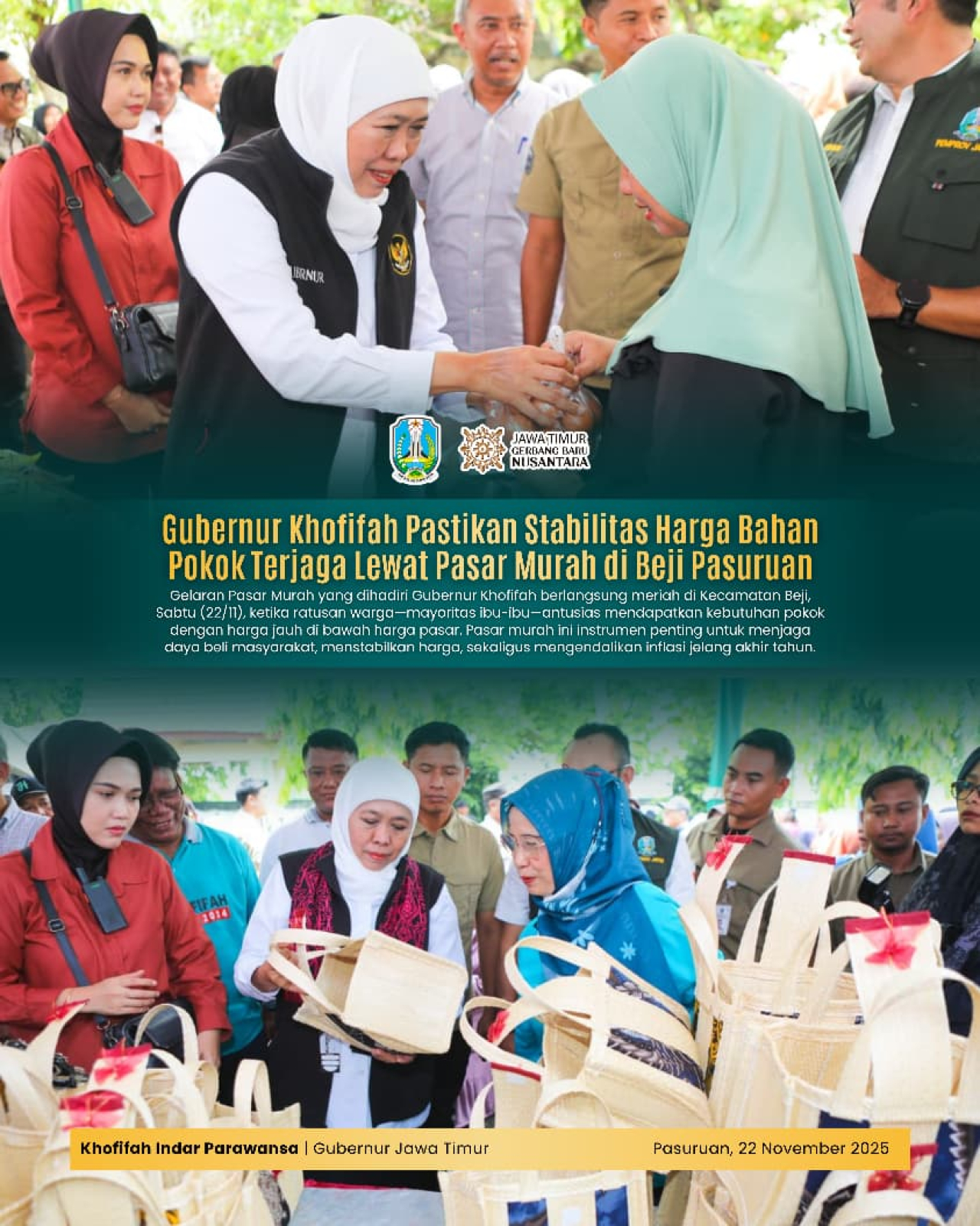 Gubernur Khofifah Pastikan Stabilitas Harga Bahan Pokok Jelang Nataru Terjaga Lewat Pasar Murah