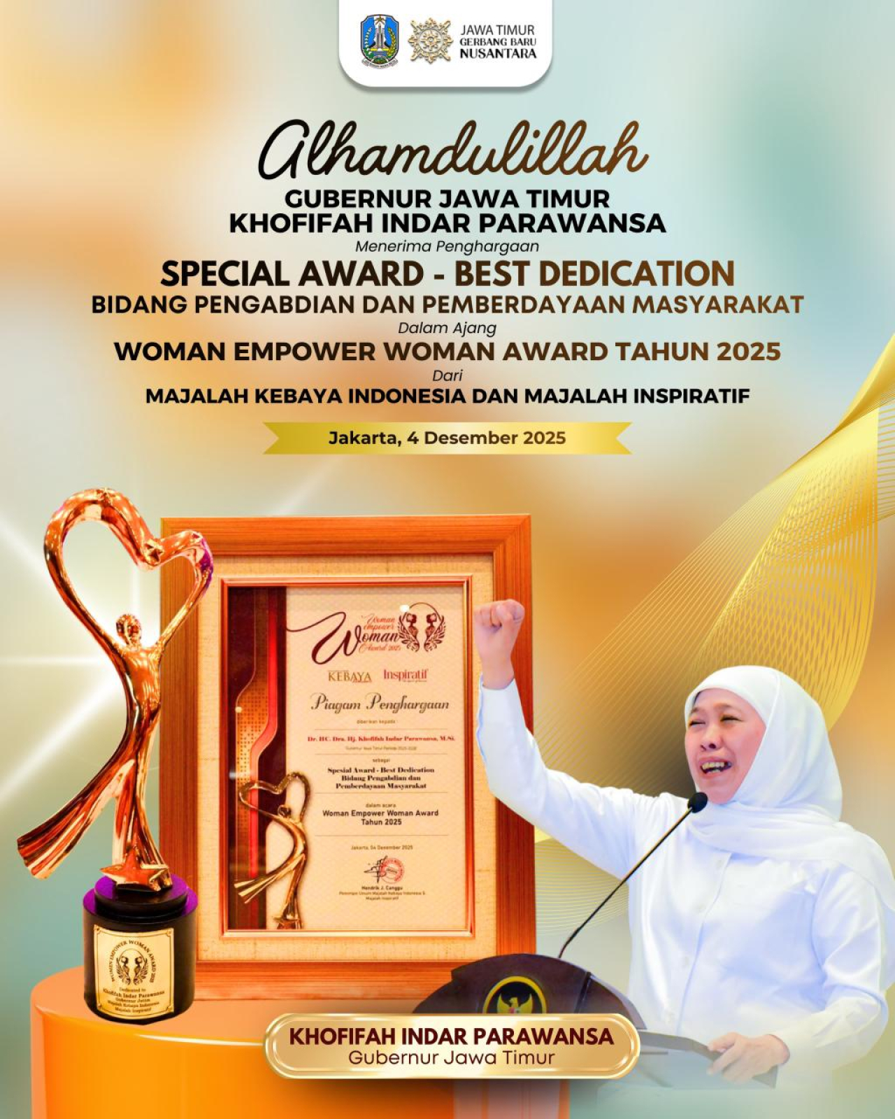 Gubernur Khofifah Raih Woman Empower Award 2025 Atas Dedikasinya Melayani Masyarakat dan Pemberdayaan Perempuan