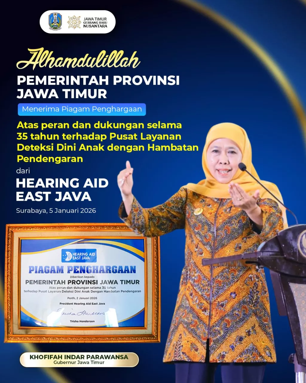 Khofifah Terima Penghargaan atas Layanan Inklusif Ketunarunguan