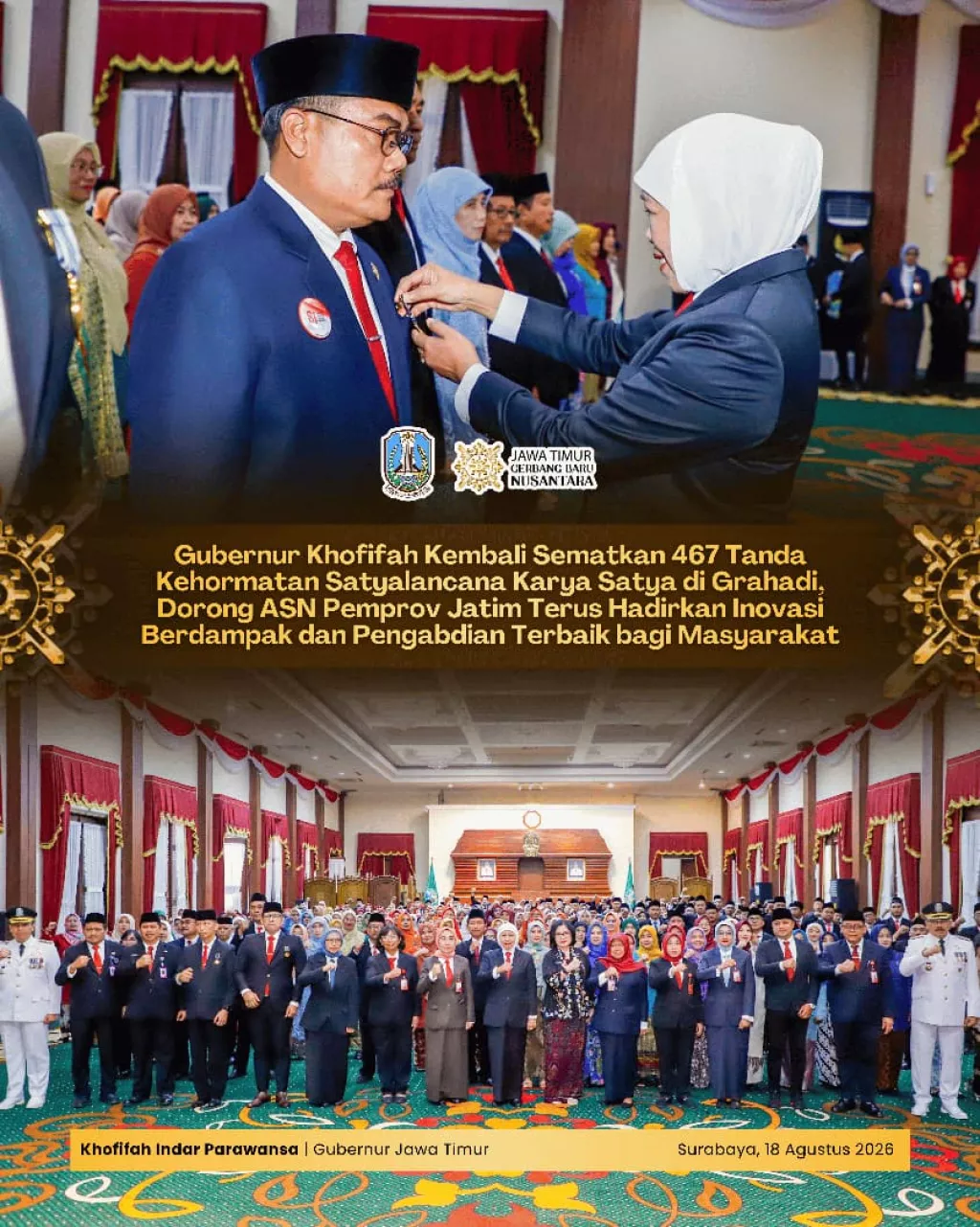 Gubernur Khofifah Kembali Sematkan 467 Tanda Kehormatan Satyalancana Karya Satya, Dorong ASN Jatim Kembangkan Inovasi